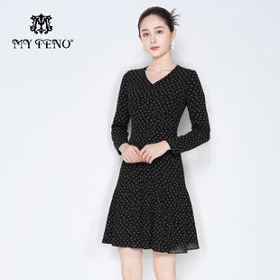 马天奴春夏新款黑色印花圆领长袖收腰连衣裙子碎花裙气质时尚女装