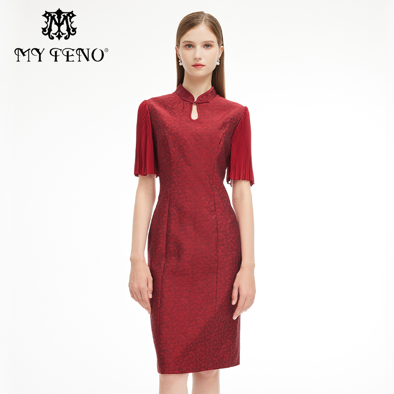 马天奴红色提花旗袍连衣裙