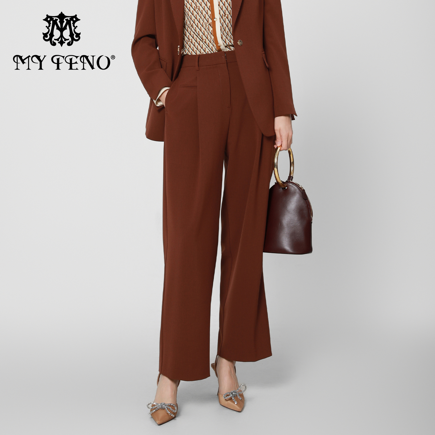 马天奴棕色时尚直筒垂感西裤