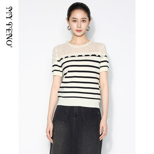 马天奴黑白条纹镂空提花针织衫