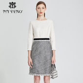 白黑连衣裙收腰假两件裙子通勤七分袖 马天奴女装 早秋新款 A字短裙