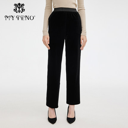 专柜正品马天奴秋冬黑色丝绒直筒裤长裤子时尚百搭MRA352PNH0