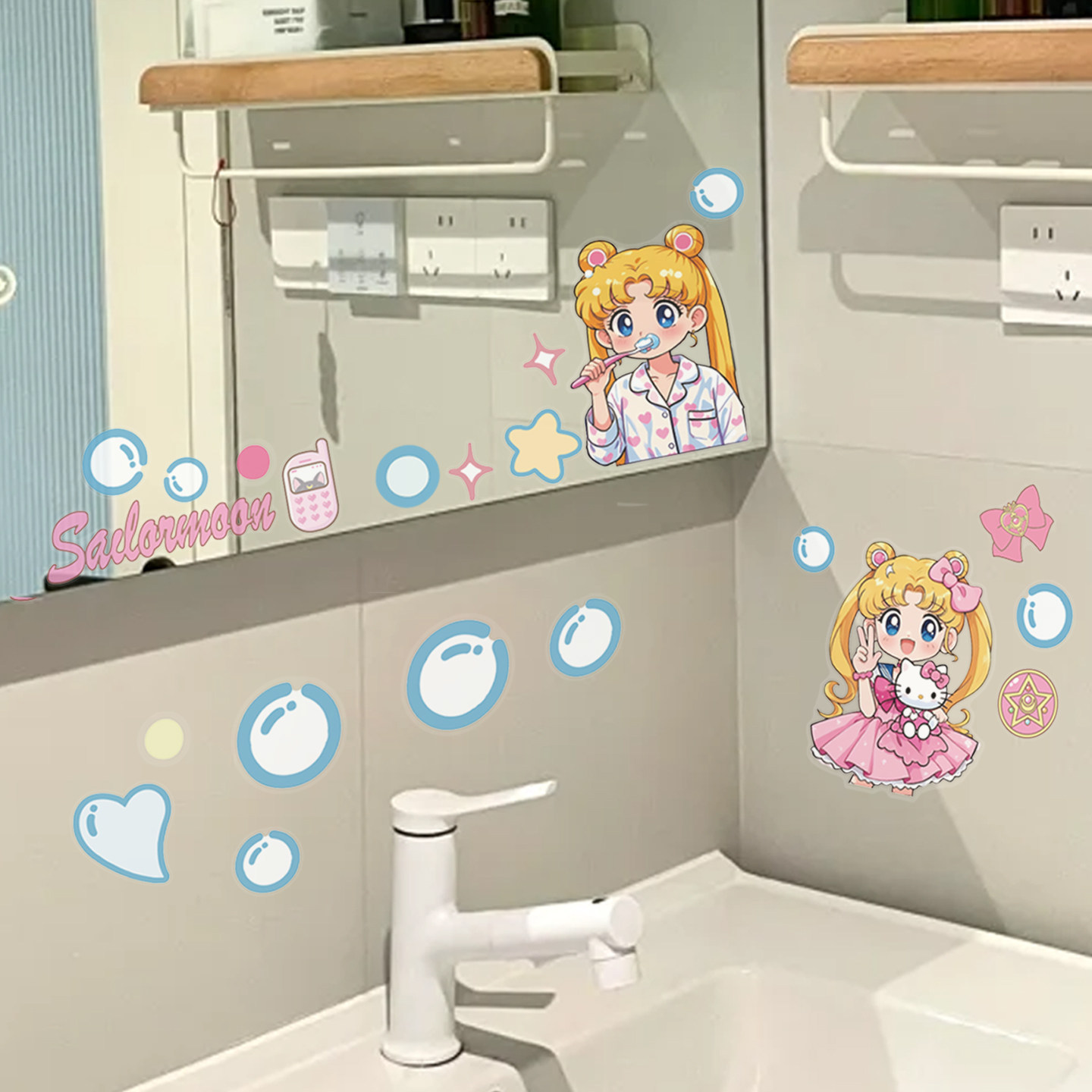 可爱美少女浴室镜贴防水遮丑