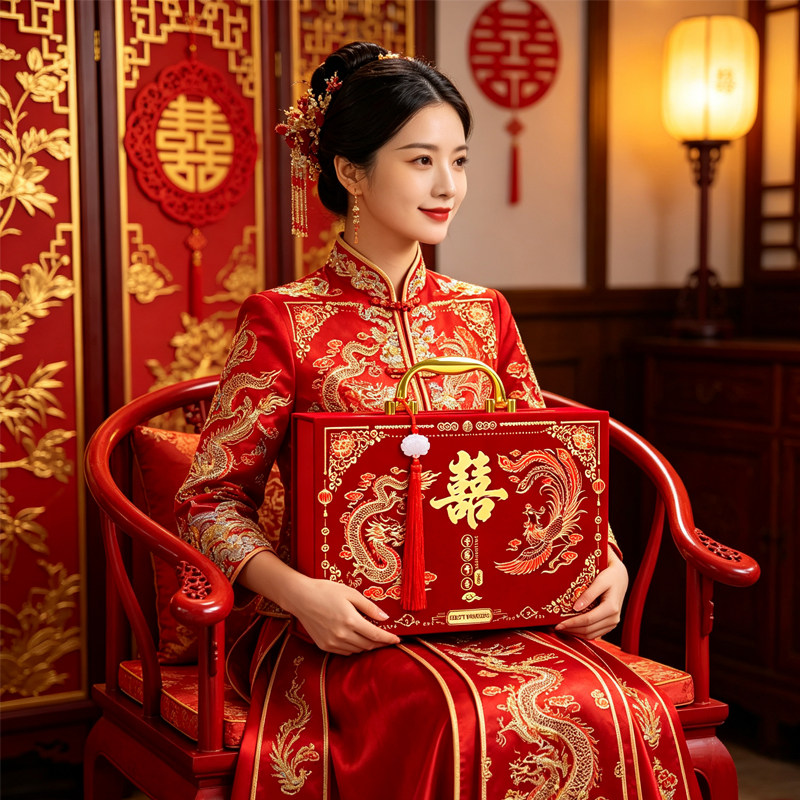 中式龙凤呈祥礼金箱结婚订婚彩礼盒子酒红植绒烫金喜字手提聘礼盒