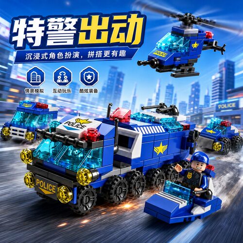 军事特警工程车积木航天火箭益智拼装玩具男孩拼图六一儿童节礼物