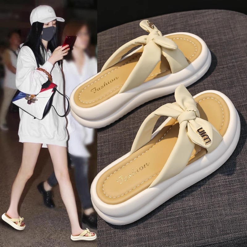 红青蜓真皮厚底凉鞋女夏外穿2025新款蝴蝶结休闲一字沙滩凉拖软底