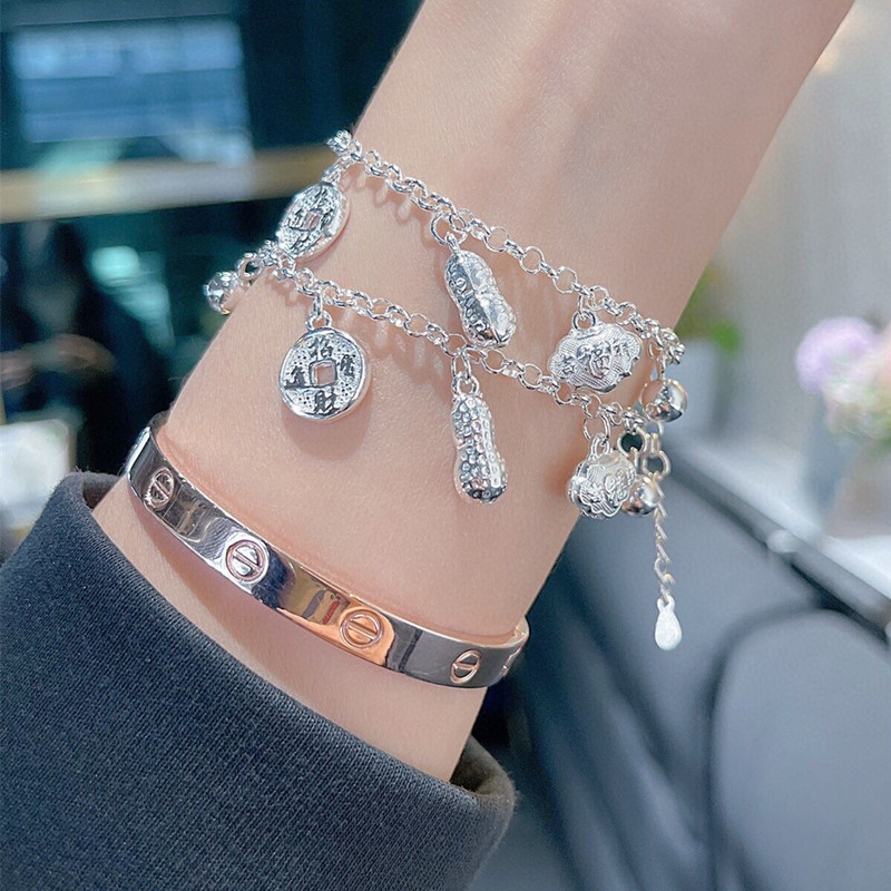 五宝花生铃铛长命锁足银亲子手链