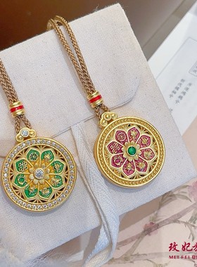 玫妃描金珐琅八宝罗盘纯银项链足银999新中式编织绳毛衣链送女友