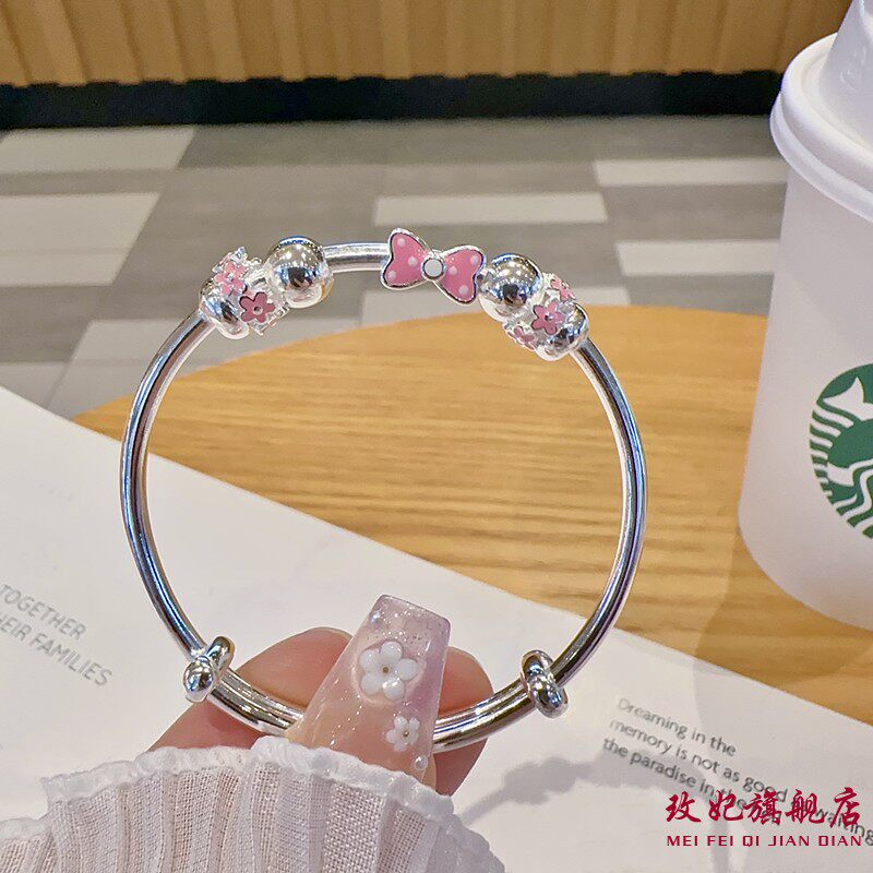 蝴蝶结桃花纯银手镯女甜美可爱
