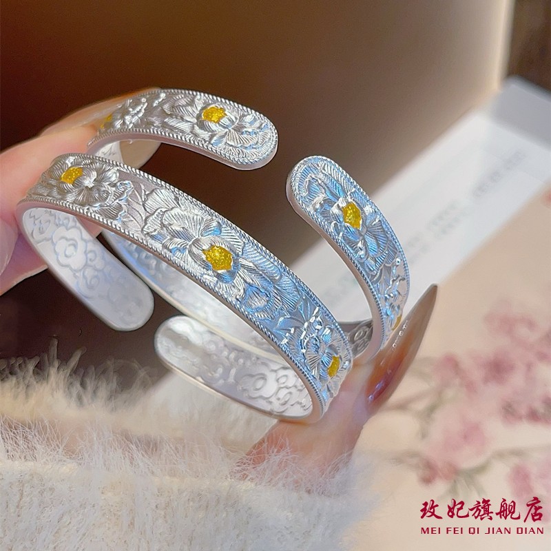 牡丹花纯银手镯女百搭时尚轻奢