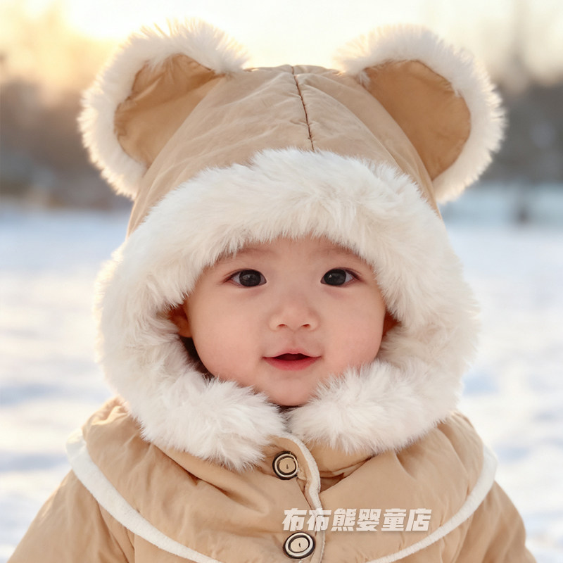 儿童帽子围脖一体帽冬季可爱防风护耳帽男女童冬天加绒加厚毛绒帽