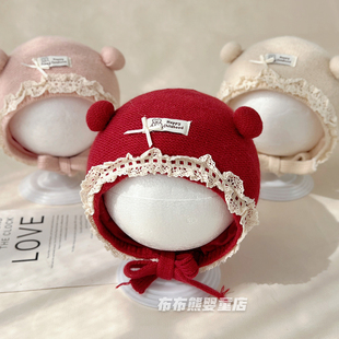 婴儿帽子秋冬季公主洋气护耳帽女宝宝冬天红色针织帽婴幼儿毛线帽