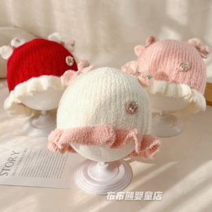 婴儿帽子秋冬公主渔夫帽女宝宝洋气冬天保暖针织盆帽婴幼儿毛线帽