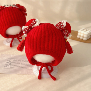 女宝宝新年红色帽子冬季保暖护耳针织帽儿童秋冬天围巾套装毛线帽