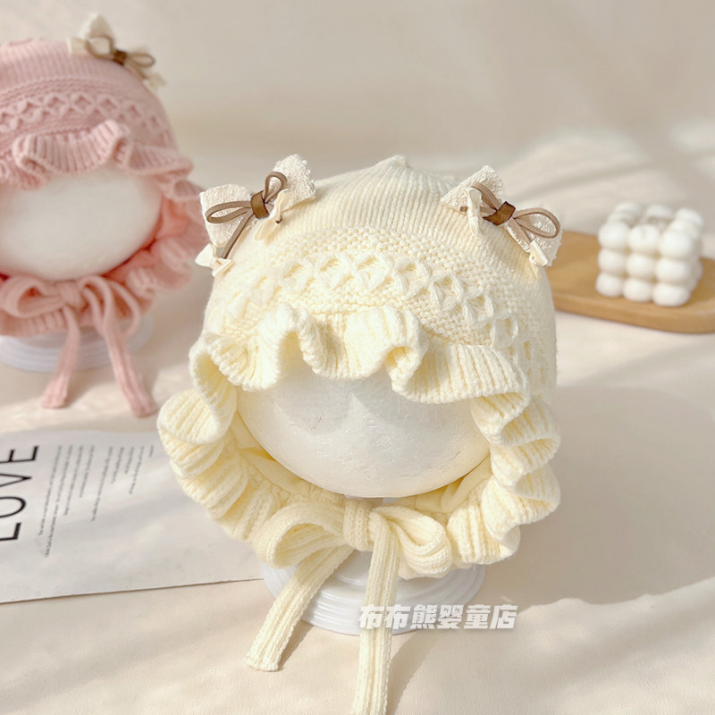 女宝宝帽子秋冬公主洋气针织毛线帽婴儿冬季保暖护耳帽女童宫廷帽