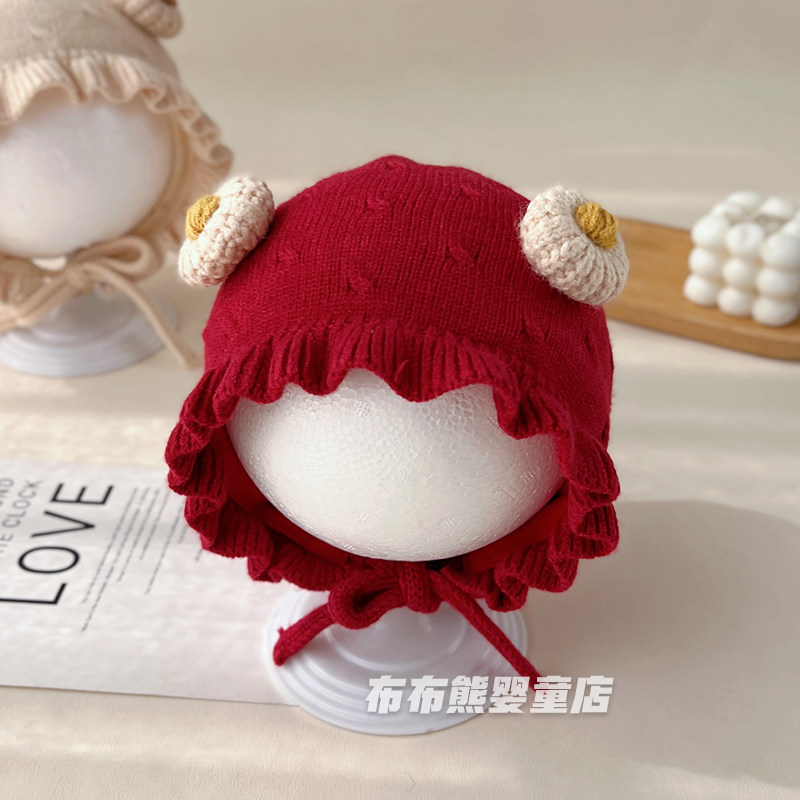 婴儿帽子秋冬可爱公主针织帽女宝宝冬季保暖防风护耳毛线帽小月龄