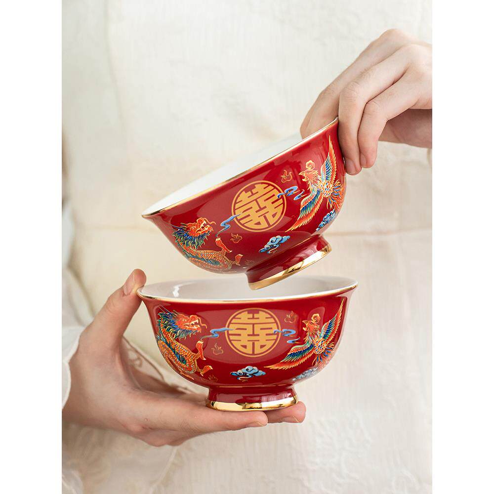 中式景德镇国潮龙凤结婚碗筷套装陪嫁红喜碗对碗婚礼餐具套装礼物