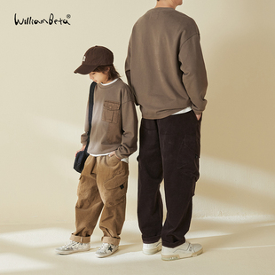 williambeta24冬新款 卫衣亲子 460高磅针梭拼复古砂洗贴袋儿童长袖