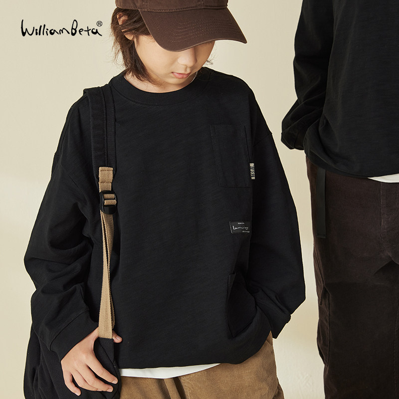 williambeta24冬新款简约留白针织竹节棉宽松圆领儿童长袖T恤亲子