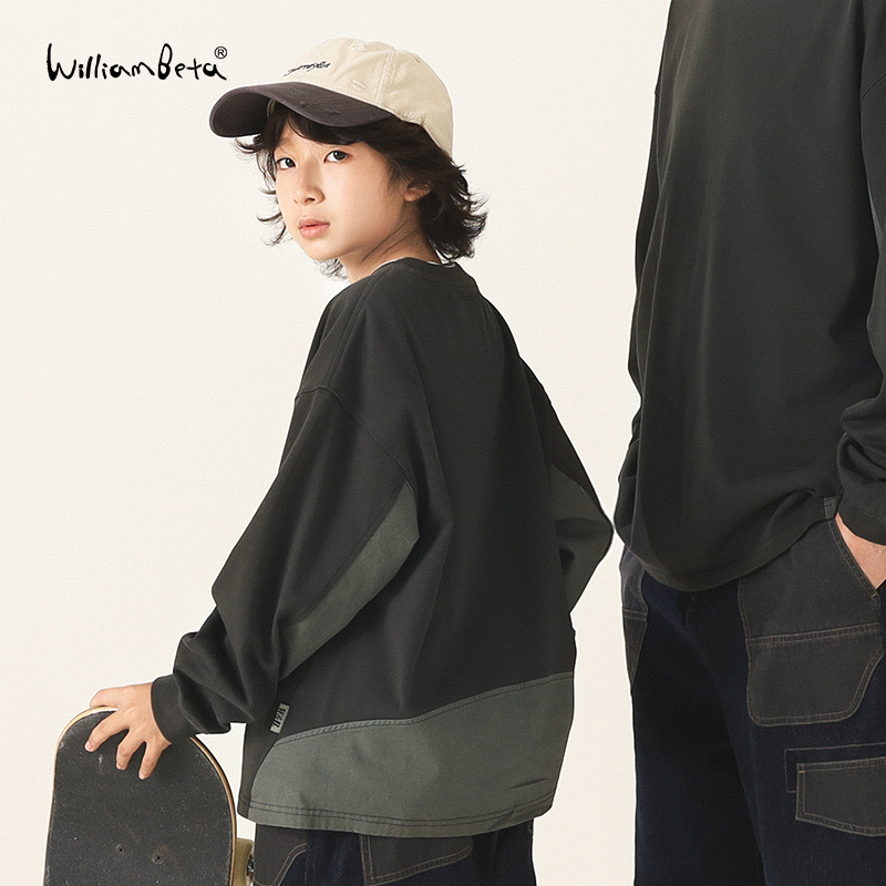 williambeta25秋新款针梭拼7A抗菌立裁拼接宽松舒适儿童卫衣亲子