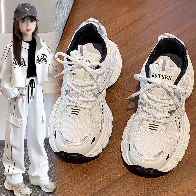 真皮女童运动鞋2026春季新款儿童老爹鞋中大童轻便小白鞋防滑软底