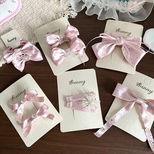 粉色缎面波点蝴蝶结儿童发夹发圈