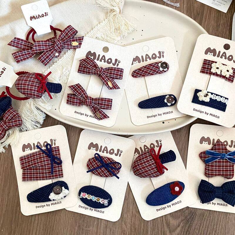 红蓝格纹蝴蝶结蘑菇儿童发夹发圈