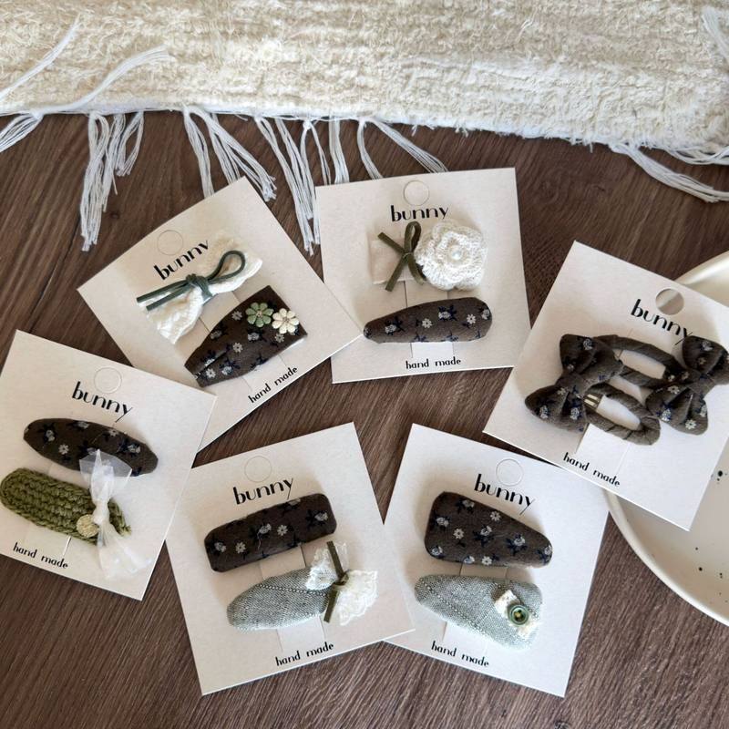 森绿花朵蕾丝蝴蝶结儿童发夹对装