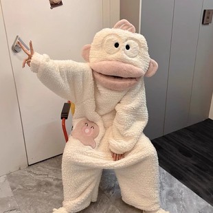 白色丑鱼睡衣连体珊瑚绒秋冬季 加厚保暖搞怪卡通睡袍大嘴鱼可外穿