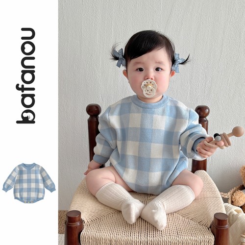巴梵欧婴儿哈衣纯棉a类格子爬服可爱秋装宝宝包屁衣小清新外出服