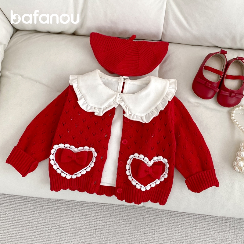 巴梵欧婴儿红色衣服满月针织衫百天毛衣拜年服女宝宝外套纯棉洋气