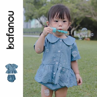 巴梵欧女宝宝洋气小套装夏季薄款牛仔两件套婴幼儿分体外出服韩版