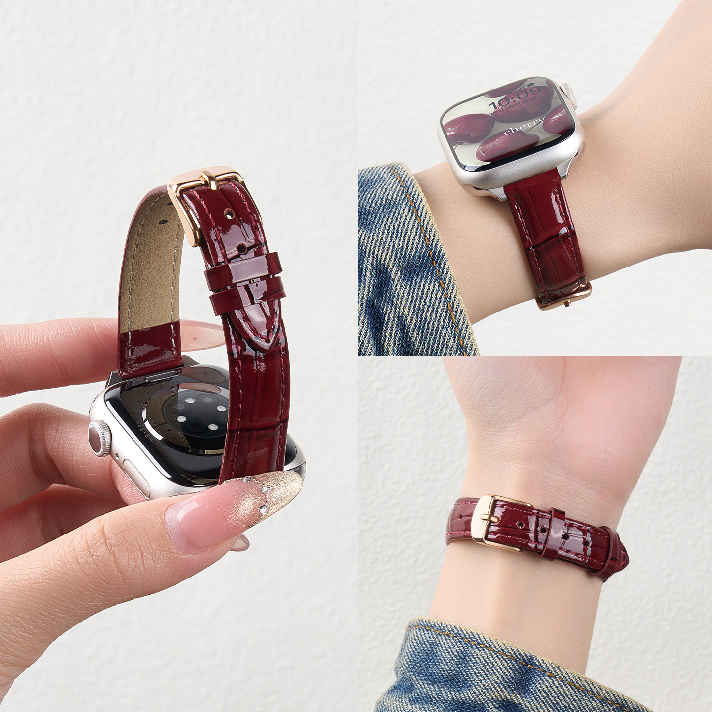 新年红色匠戴适用iwatch11表带苹果S11手表applewatch10竹节纹真皮S10女款SE3新款S9秋冬高级11男运动智能