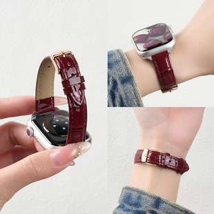 新年红色匠戴适用iwatch11表带苹果S11手表applewatch10竹节纹真皮S10女款SE3新款S9秋冬高级11男运动智能
