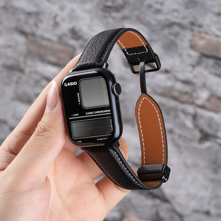 匠戴适用苹果S10手表S9表带iwatch10表带S8新款applewatch表带9高级感S7磁吸ultra/se手表带8智能7男真皮夏季