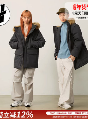 New Balance/NB羽绒服运动男纯色中长款毛领女工装外套AMJ44300