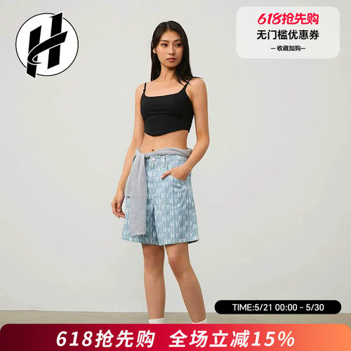 MLB老花系列纽约洋基队复古直筒休闲短裤男女同款浅蓝色