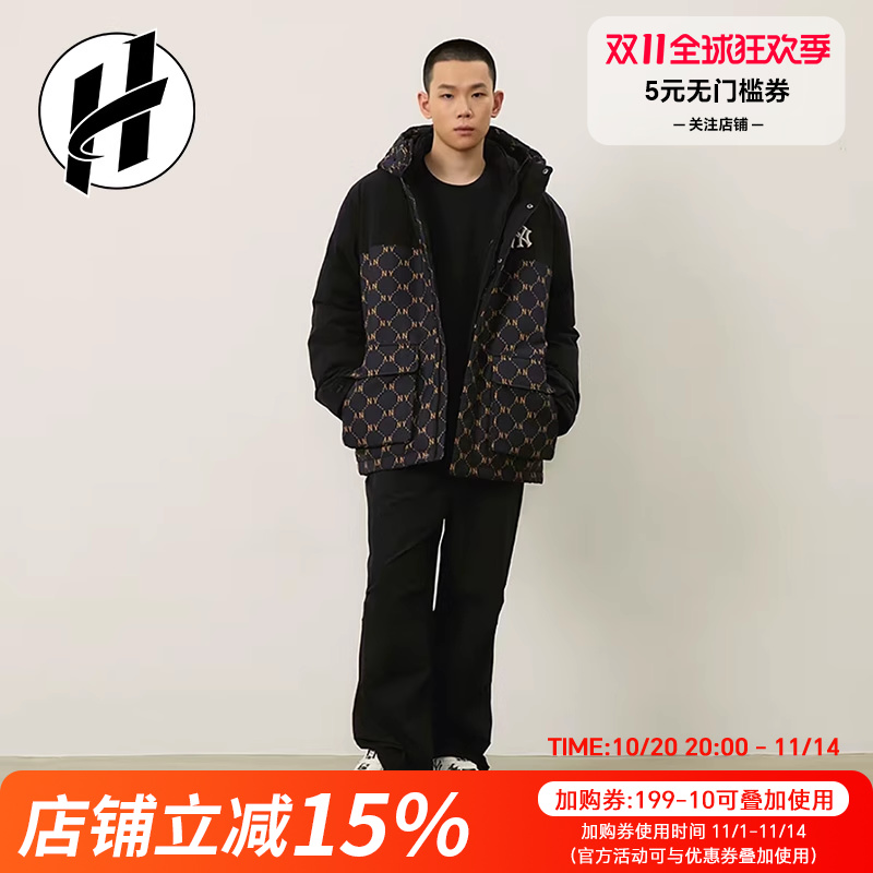 MLB 正品老花连帽夹克冲锋羽绒服男拼色百搭户外女宽松外套