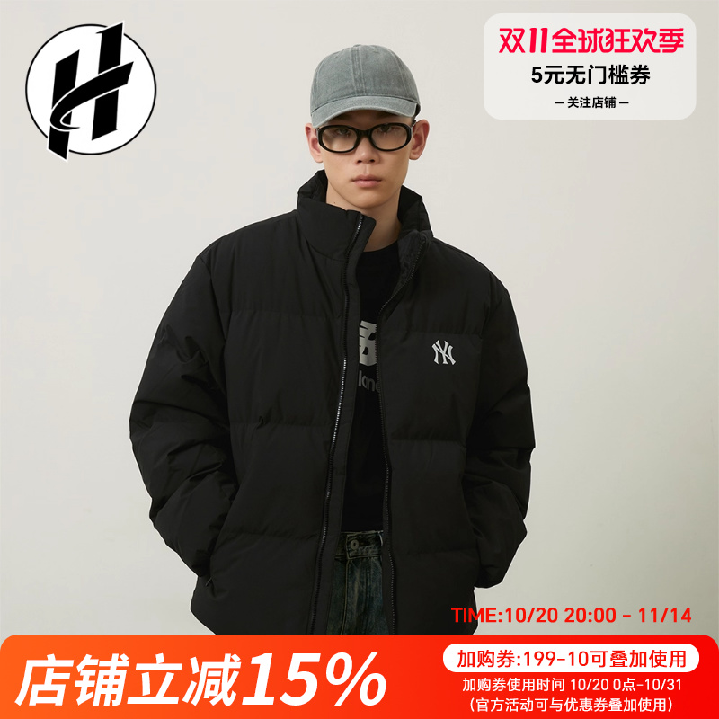 MLB 鸭绒短款宽松拉链立领反光镂空大LOGO可调节抽绳长袖羽绒服