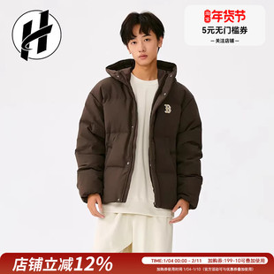 MLB 鸭绒经典美式复古纯色保暖下摆抽绳连帽短款羽绒服 男女同款