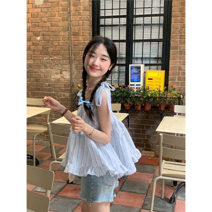 超好看的条纹绑带抹胸吊带女2026夏季新款度假风辣妹茶系背心上衣