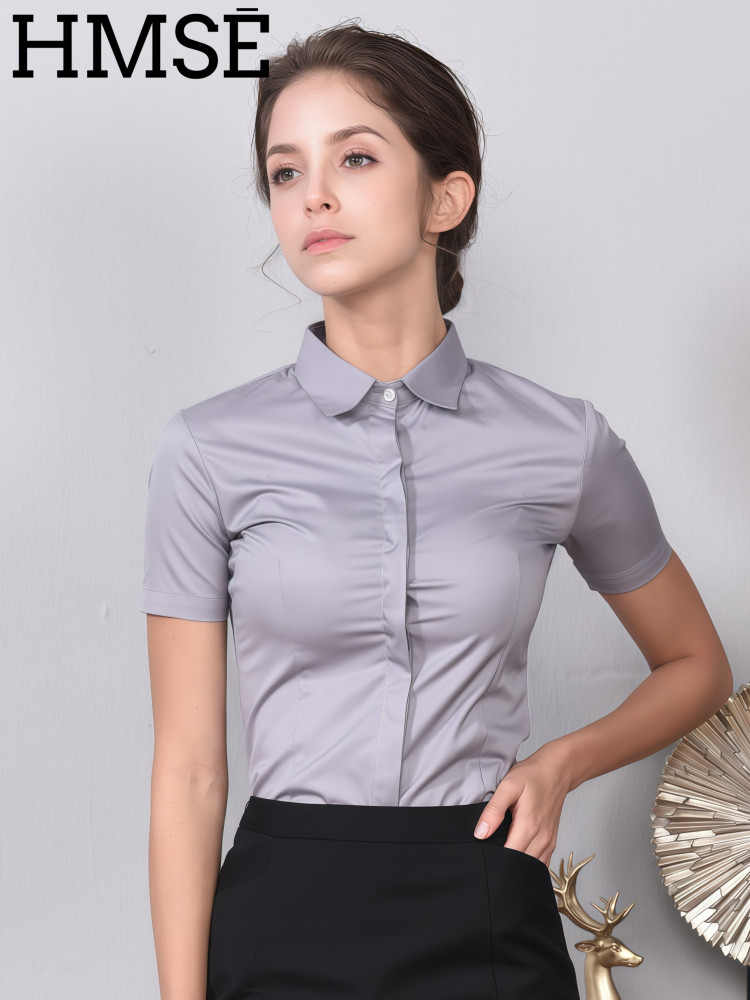 100%纯棉白衬衫女短袖职业修身正装工作服薄款半袖气质工装衬衣女