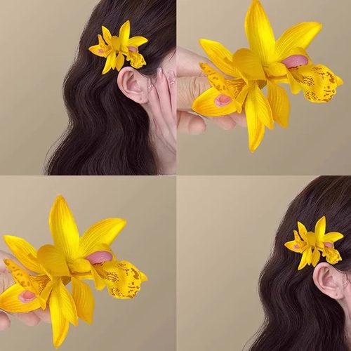 2025新款黄色兰花花朵发夹女氛围感侧边夹仿真头花发卡拍照发饰