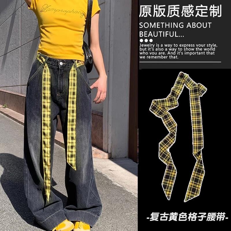 韩系黄色格纹丝巾腰带女士裤腰装饰系脖系腰丝带两用款牛仔裤配饰图片