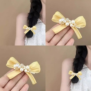 温柔风奶黄色蝴蝶结发夹女侧边夹子少女心鸭嘴夹bb夹珍珠发卡发饰