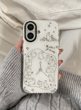 白色时钟线条兔适用于苹果IPHONE17PROMAX手机壳16pm新款15超火14不会撞壳可爱防摔硅胶超好看巨漂亮外壳