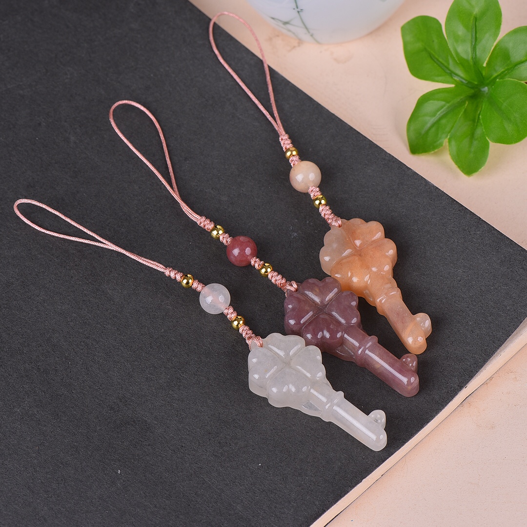 天然粉色金丝玉四叶草吉祥钥匙复古中国风手机链搭配旗袍汉服日常