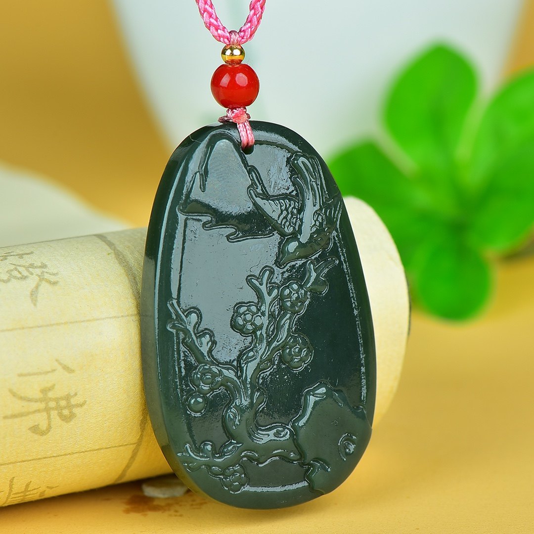 新疆和田青玉喜上眉梢玉牌青海料高山流水玉吊坠男士女士椭圆挂件