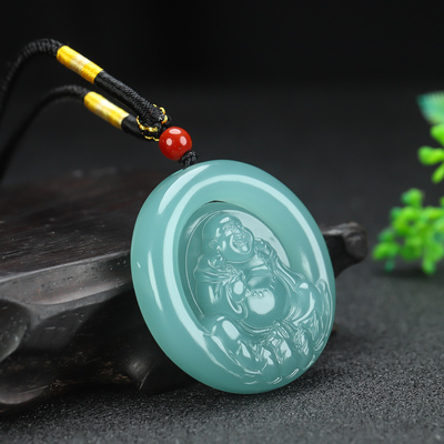 和田玉晴水绿镂空弥勒佛吊坠笑佛