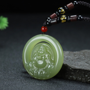 天然和田玉晴水绿弥勒佛吊坠男女款 玉石挂件项链六字真言玉佩玉坠